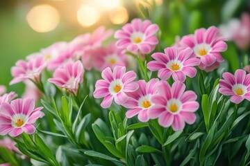 Fototapeta premium vibrant closeup of pink and white carnation flowers blooming in garden with green foliage