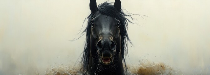 humorous portrait of black horse laughing with exaggerated features on white background in panoramic view