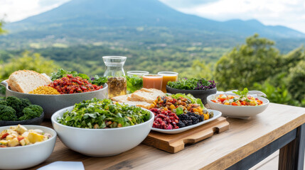 vibrant wellness retreat setting featuring table full of fresh salads, fruits, and healthy