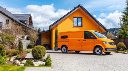 Bright Orange Van in Modern Driveway Setting