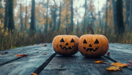 Two jack-o'-lantern pumpkins on a wooden table in an autumn forest