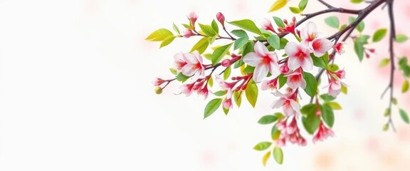 Delicate watercolor spring blossoms, lush green leaves, climbing branches on a pastel background, detail, illustration