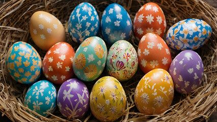 A vivid and colorful description of an Easter eggs in a lush spring