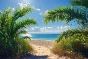 Fototapeta premium Closeup of Tropical Palm Leaf in Front of Serene Beach Under Bright Sunny Sky