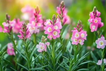 Fototapeta premium Closeup of Pink Carnation Flowers in Garden Blooming with Fresh Green Foliage