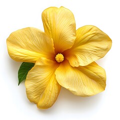 Vibrant Yellow Hibiscus Flower Blossom with Green Leaf Isolated on White Background