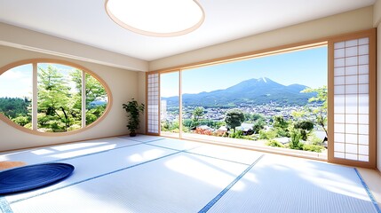 Serene Japanese Style Room with Tatami Mat Panoramic Mountain View and Oval Window