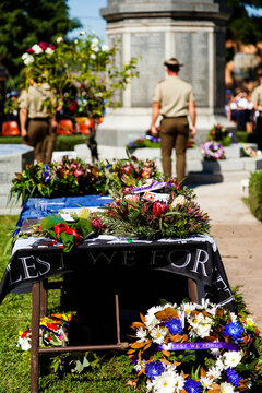 ANZAC day wreaths on table at memorial service