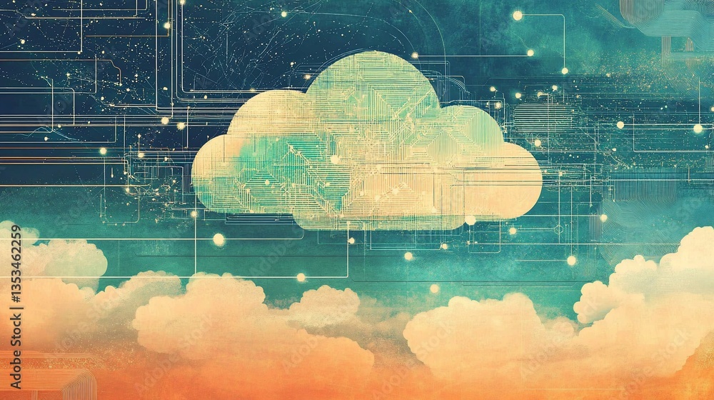 Poster abstract cloud computing illustration with circuit board texture and clouds