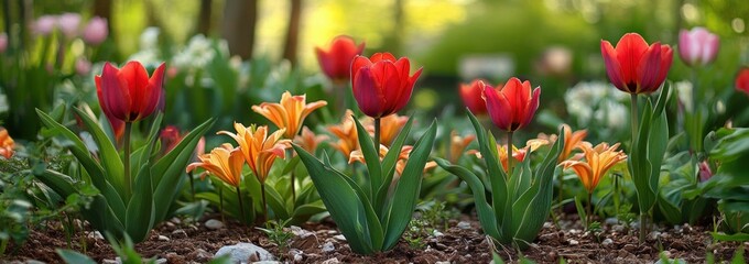 Obraz premium vibrant garden with red tulips orange lilies lush greenery in spring setting