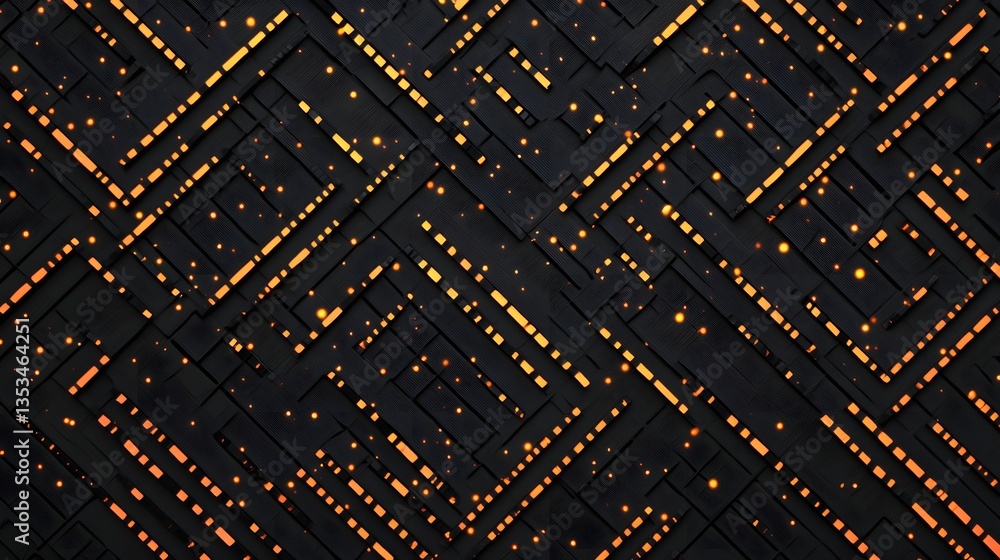 Poster abstract dark geometric pattern with glowing orange lines and dots technology background texture