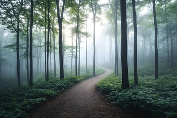 Fototapeta premium Misty Forest Path with Sunlight.