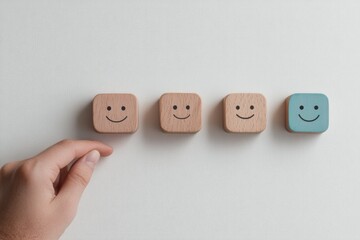Hand selecting wooden smiley face blocks on white background.