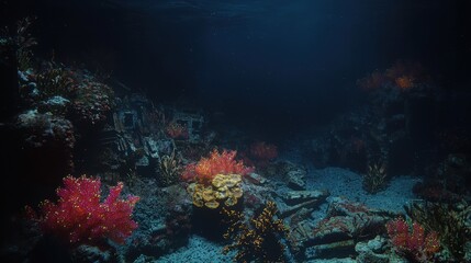 A beautiful coral reef showcases vibrant colors in dark underwater ocean