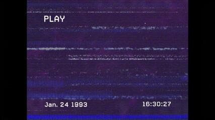 Animation showing retro VHS tape effect with PLAY, date, and time overlay