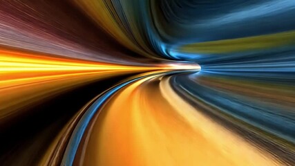 Vibrant abstract light trails in orange, blue, and yellow create dynamic movement and energy, evoking sense of speed and excitement through fluid motion and vivid colors.