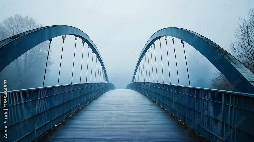 Poster modern bridge design serene arches and railings span foggy landscape, creating tranquil pathway thro