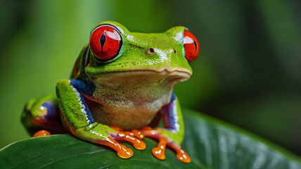 Fototapeta premium Vibrant Red-Eyed Tree Frog Close-up on a Lush Leaf
