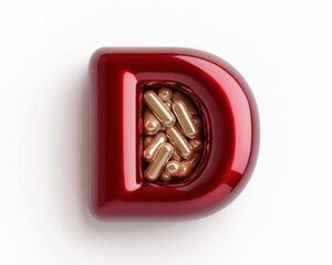 Fototapeta premium Stylish 3D representation of the letter D, filled with gold capsules, creating a modern look.