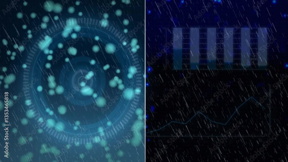 Aufkleber digital interface with circular patterns and bar graphs under falling rain animation