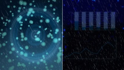 Digital interface with circular patterns and bar graphs under falling rain animation - Powered by Adobe