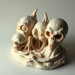 Three grotesque skull sculptures in clay, intertwined.