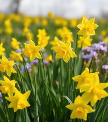 Obraz premium Vibrant yellow daffodils blooming in a spring meadow, sunshine, closeup, bloom