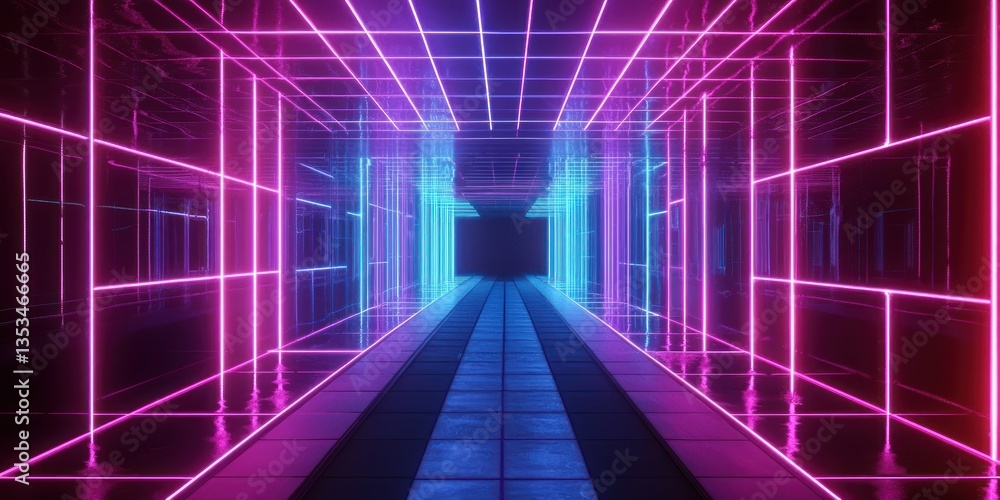 Poster a neon grid tunnel pulling the viewer into a digital void