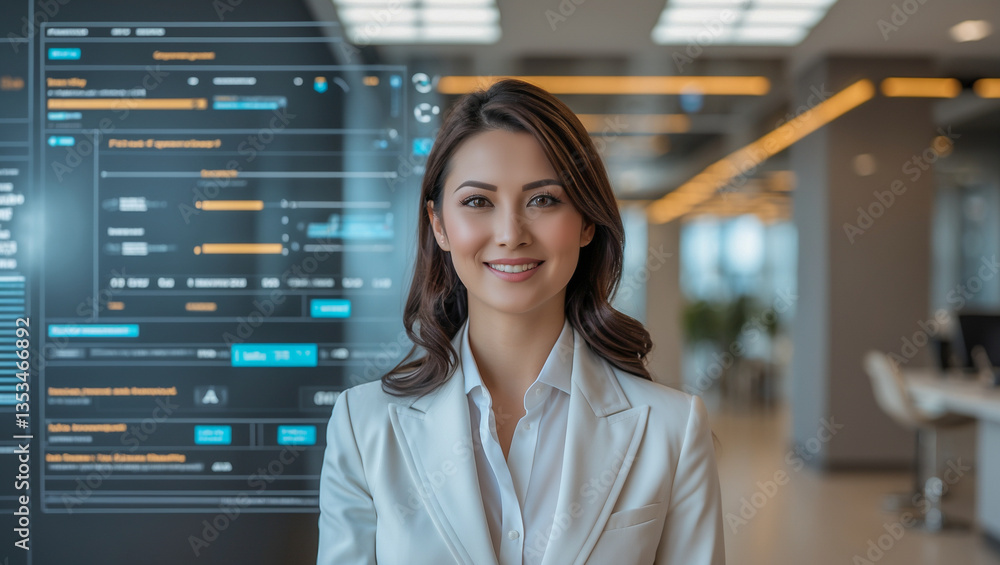 Poster smiling businesswoman in modern office with data dashboard..