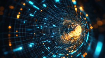 Futuristic digital tunnel with glowing concentric rings and wireframe grids, abstract light effects 