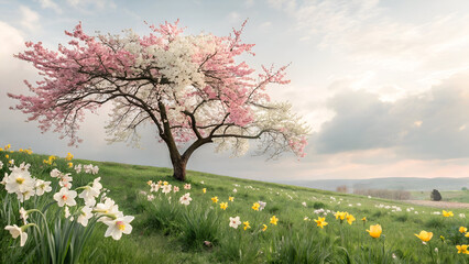"Springtime Blossom &ndash; Scenic Flowering Tree in Blooming Meadow"
