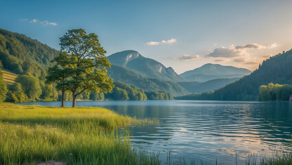 Naklejka premium Tranquil Lake with Tree and Mountain Sunset Landscape..