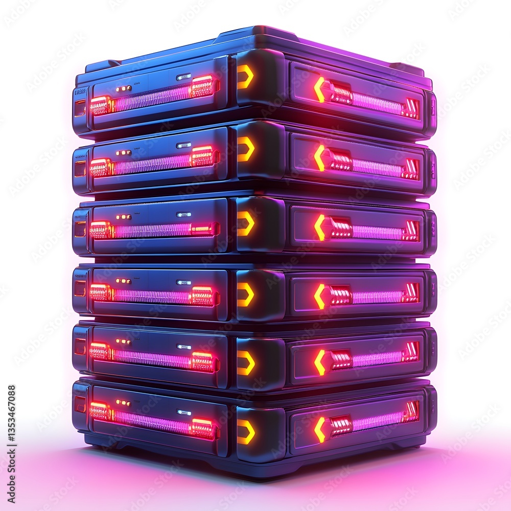 Poster futuristic server rack stack of advanced data center servers with neon lights