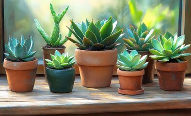 Obraz premium Succulent Plants in Flower Pots with Mini Greenhouse on Rustic Wooden Table Under Natural Sunlight