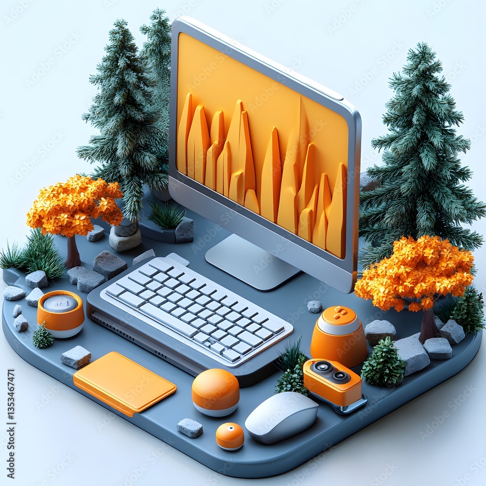 Poster modern desktop computer setup in autumnal scene with orange accents keyboard mouse and nature