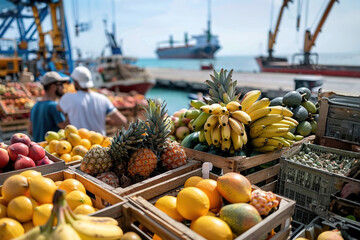 Crates of fruit in the foreground, port with ships in the background, transport of fruits and vegetables