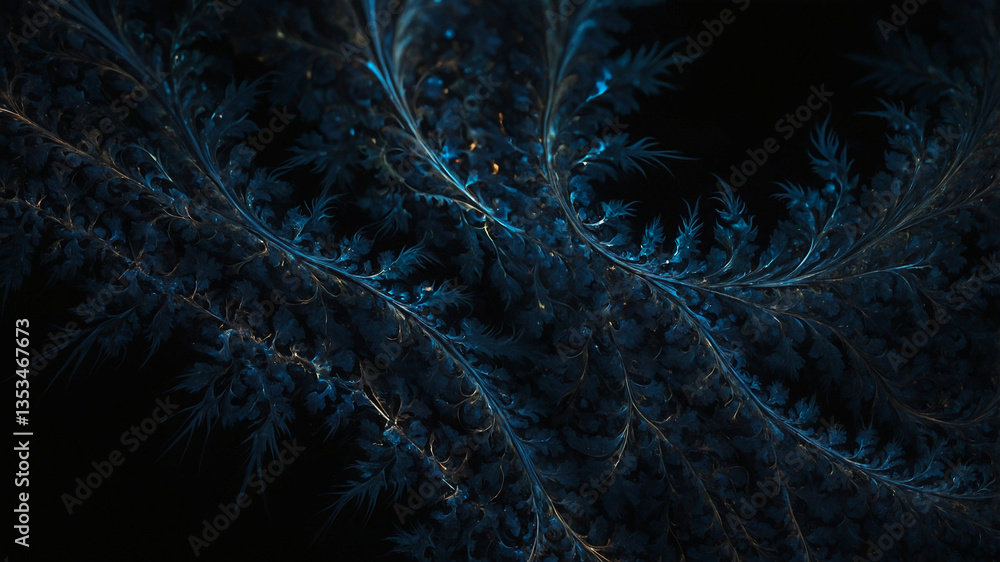 Poster dark fractal pattern with blue leaflike energy design..