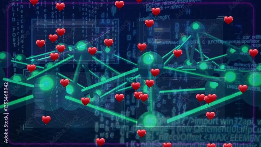 Poster network connections and data processing animation overlaid with floating red hearts
