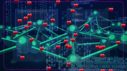 Network connections and data processing animation overlaid with floating red hearts - Powered by Adobe