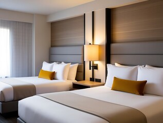 Modern hotel room interior with two neatly arranged beds, elegant lighting, and stylish decor, featuring neutral tones and a cozy ambiance for a comfortable and relaxing stay

