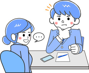 なるほど、相談者の話に顎に手をやって頷く男性担当者