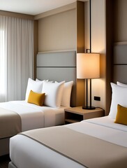 Modern hotel room interior with two neatly arranged beds, elegant lighting, and stylish decor, featuring neutral tones and a cozy ambiance for a comfortable and relaxing stay

