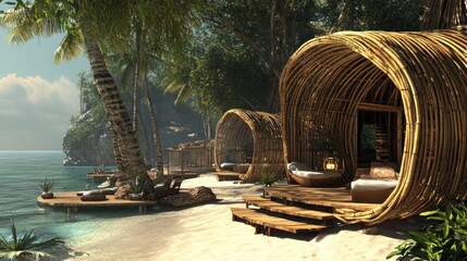 Fototapeta premium Eco-Friendly Bamboo Resort on Tropical Beach Paradise Offers Serene Vacation