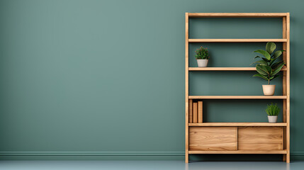 Wooden Shelf with Plants in Green Room