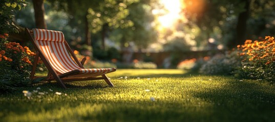 summer garden scene with a striped deck chair on lush green grass for relaxation