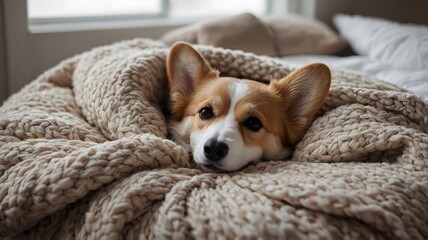 Adorable Pembroke Welsh Corgi Relaxing in a Comfy Bed with Fluffy Blankets