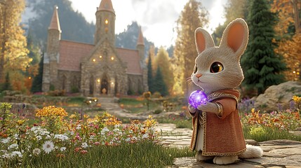 A cartoon rabbit holding a glowing orb in front of a church