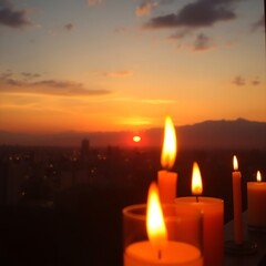 Sunset view with burning candles.