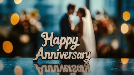 Happy anniversary text in elegant script with blurred golden lights and celebration setting in background