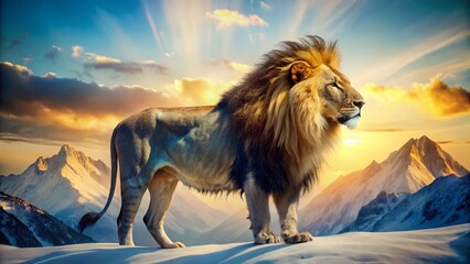 Serene Mountain Majesty: Double Exposure Lion Portrait